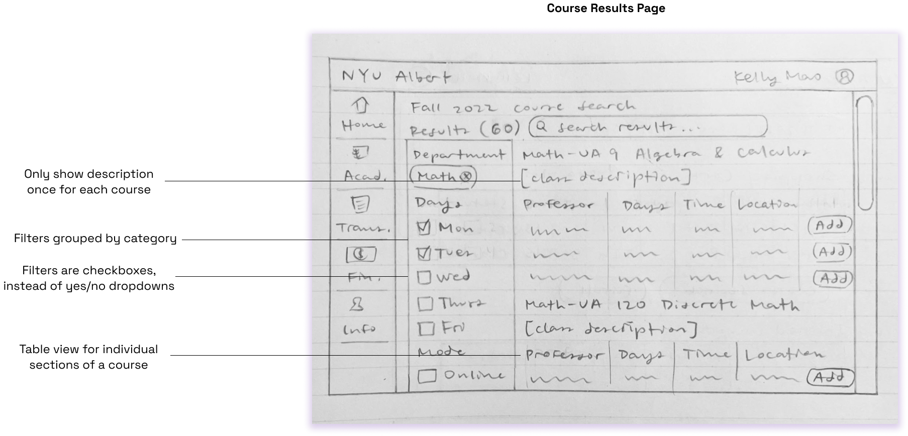 Course Results Wireframe